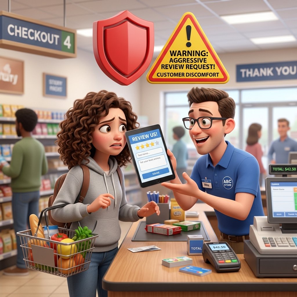 Staff forcing customer to review on-premises — risky and awkward