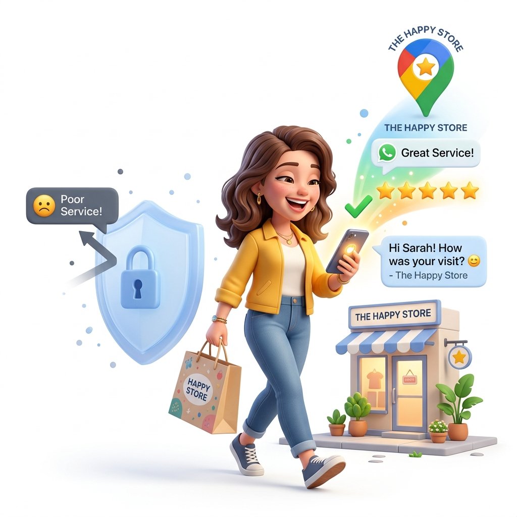 Happy customer leaving, gets WhatsApp link, posts 5-star review organically